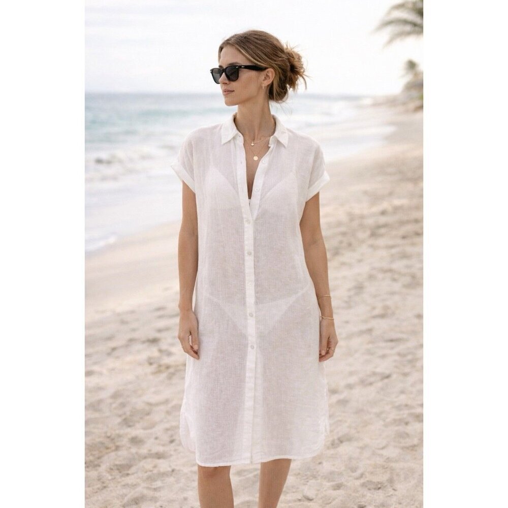 Linen Blend White Dress Button Up Quiet Lux Vacation Beach Capsule Minimalist S